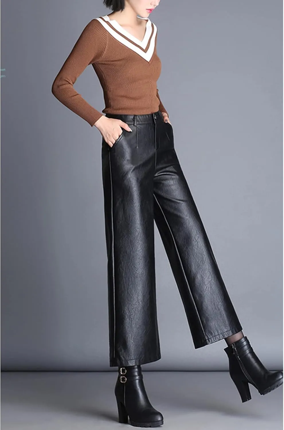 Lucrosun Women's High Waist Wide Leg PU Leather Palazzo Pants Culottes Black