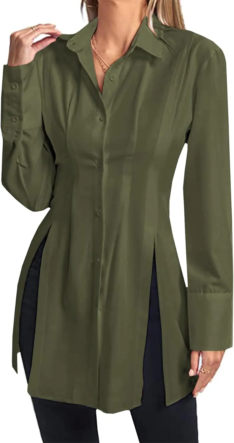 LYANER Women's Button Down Shirt Dress Collar V Neck Long Sleeve Slit Sexy Shirt Dresses