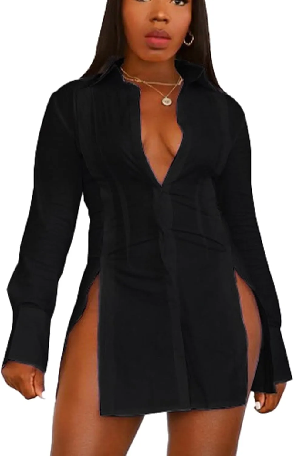 LYANER Women's Button Down Shirt Dress Collar V Neck Long Sleeve Slit Sexy Shirt Dresses