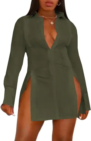 LYANER Women's Button Down Shirt Dress Collar V Neck Long Sleeve Slit Sexy Shirt Dresses