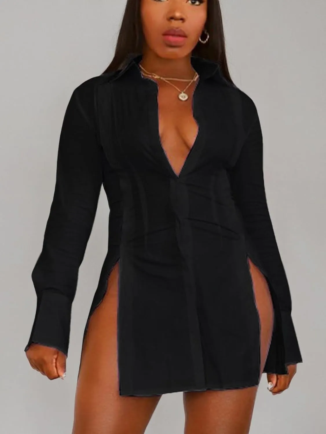 LYANER Women's Button Down Shirt Dress Collar V Neck Long Sleeve Slit Sexy Shirt Dresses