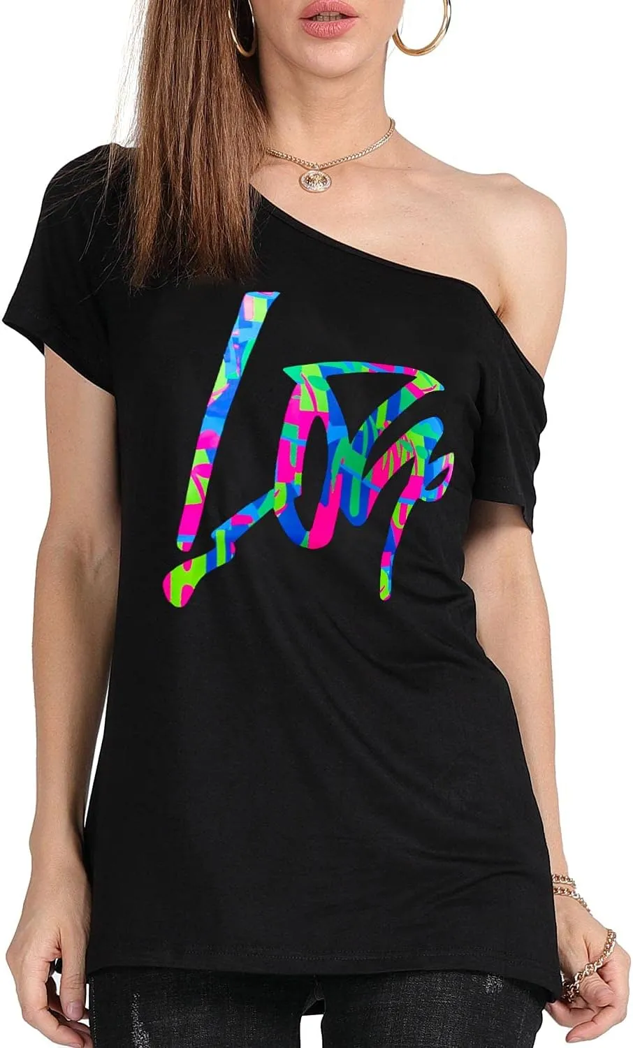 MAGICMK Womens Short Lips Print Causal Off The Shoulder Plus Size T-Shirt Tops