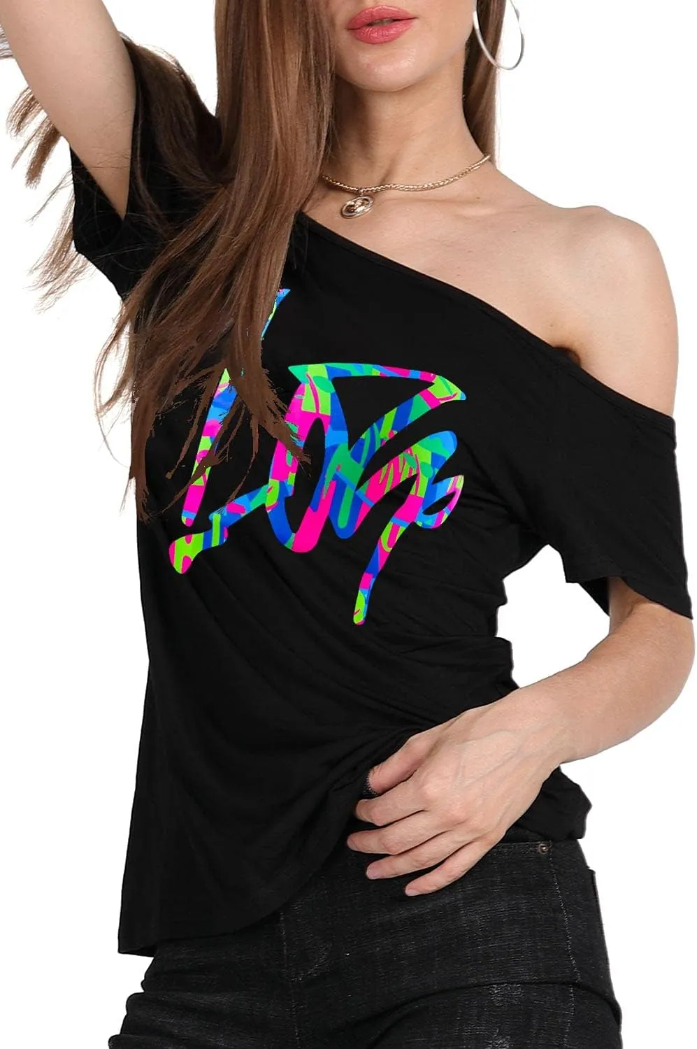 MAGICMK Womens Short Lips Print Causal Off The Shoulder Plus Size T-Shirt Tops