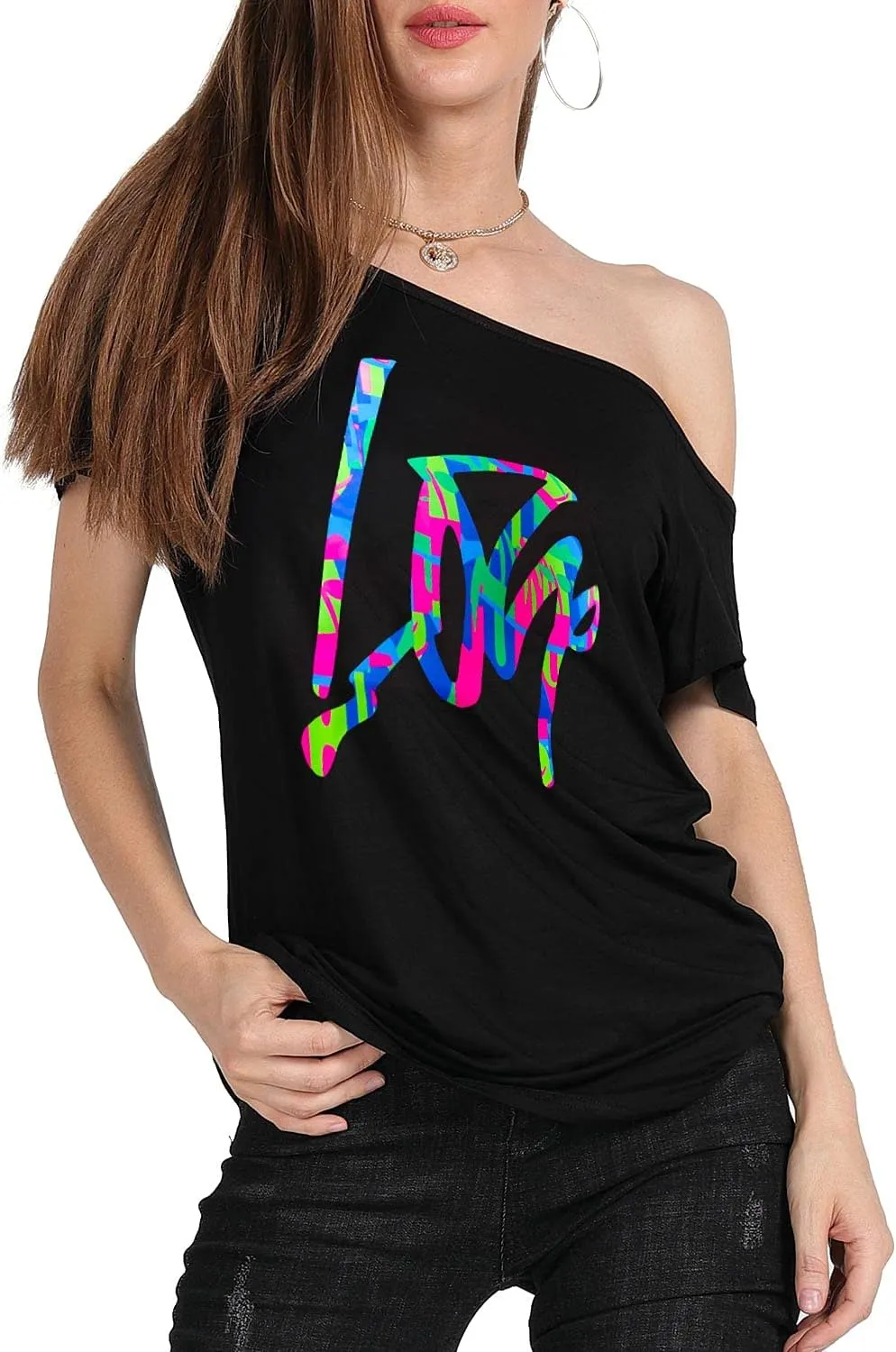 MAGICMK Womens Short Lips Print Causal Off The Shoulder Plus Size T-Shirt Tops