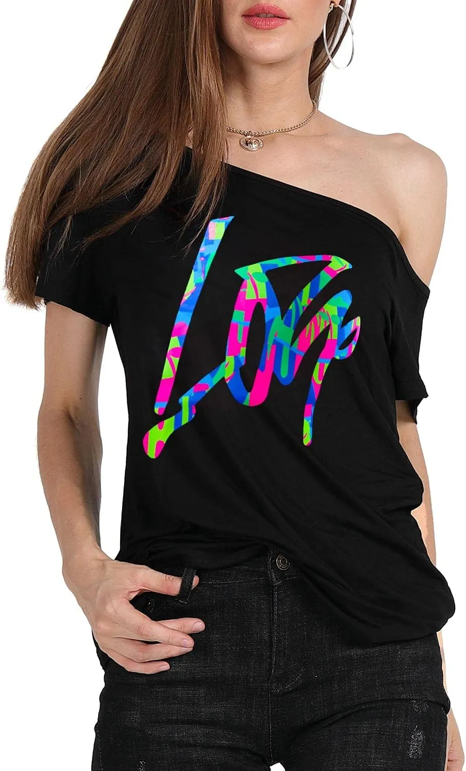 MAGICMK Womens Short Lips Print Causal Off The Shoulder Plus Size T-Shirt Tops