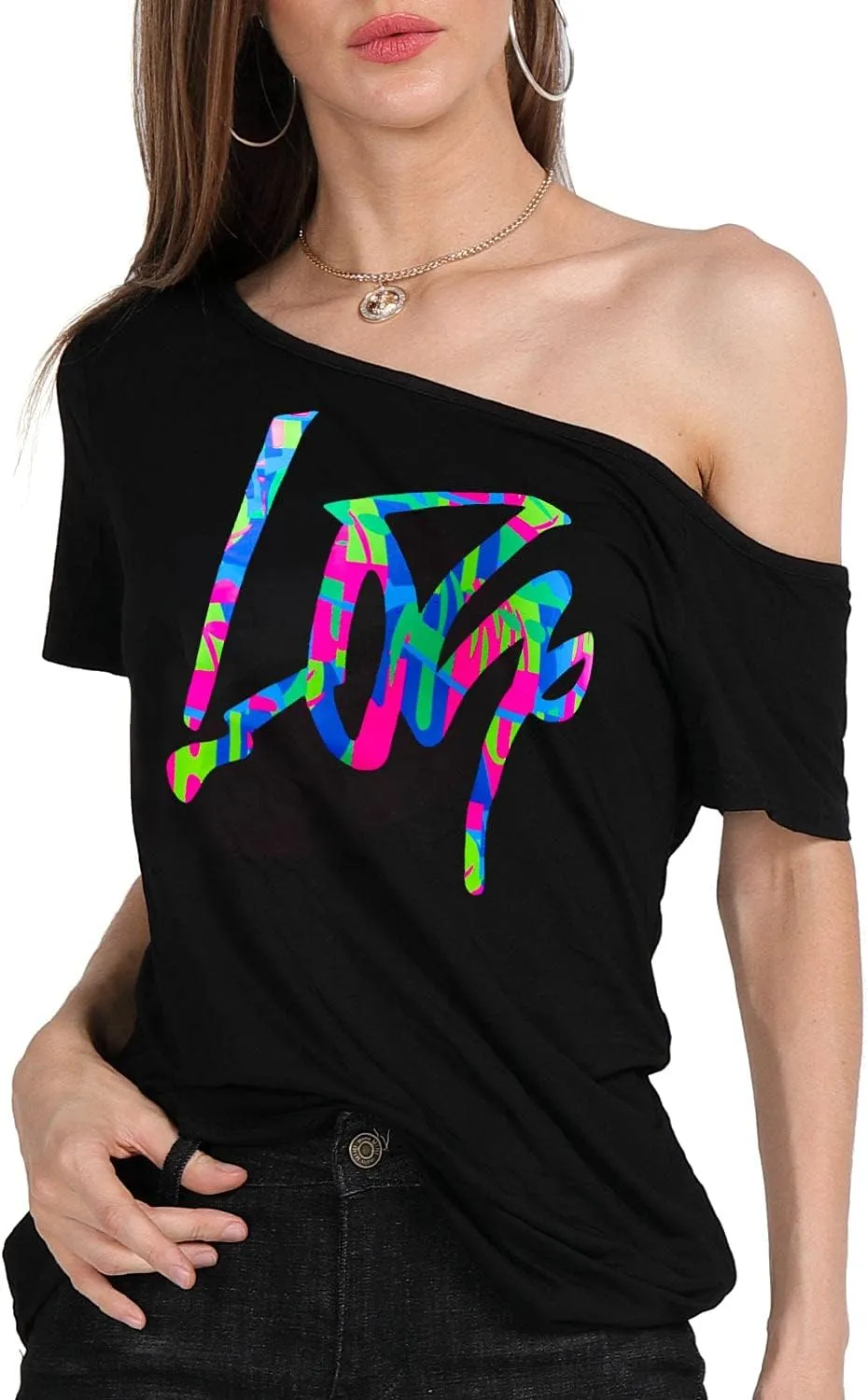 MAGICMK Womens Short Lips Print Causal Off The Shoulder Plus Size T-Shirt Tops