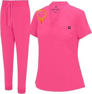 M&M SCRUBS Women's Jogger Scrub Set V-Neck Scrub Top with Stretchy Rib-Knit 8 Pockets Tapered Cargo Jogger Scrub Top and Pant