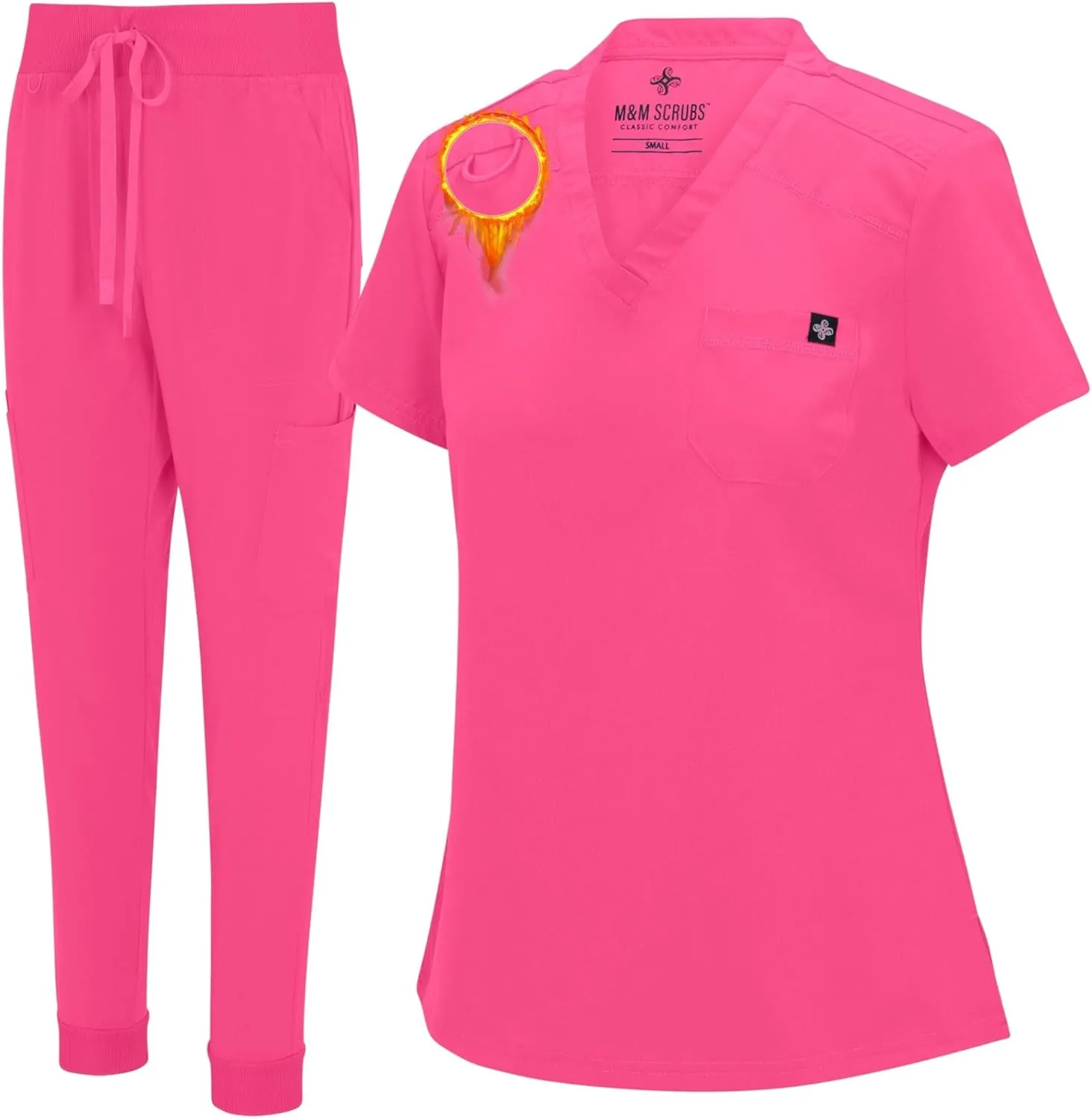 M&M SCRUBS Women's Jogger Scrub Set V-Neck Scrub Top with Stretchy Rib-Knit 8 Pockets Tapered Cargo Jogger Scrub Top and Pant