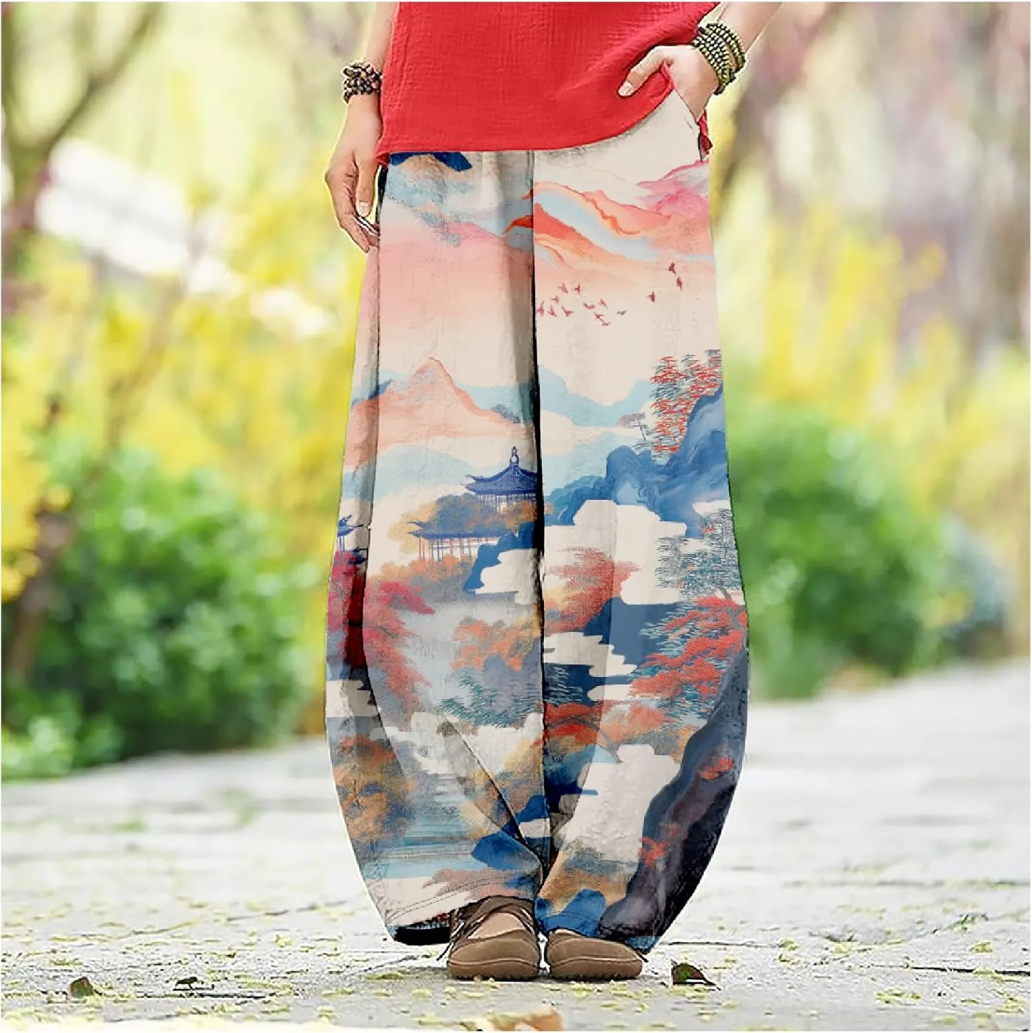 MARSVOVO Baggy Sweatpants for Women Harem Wide Leg Pants Woman Landscape Oil Painting Print Casual Pants with Pockets