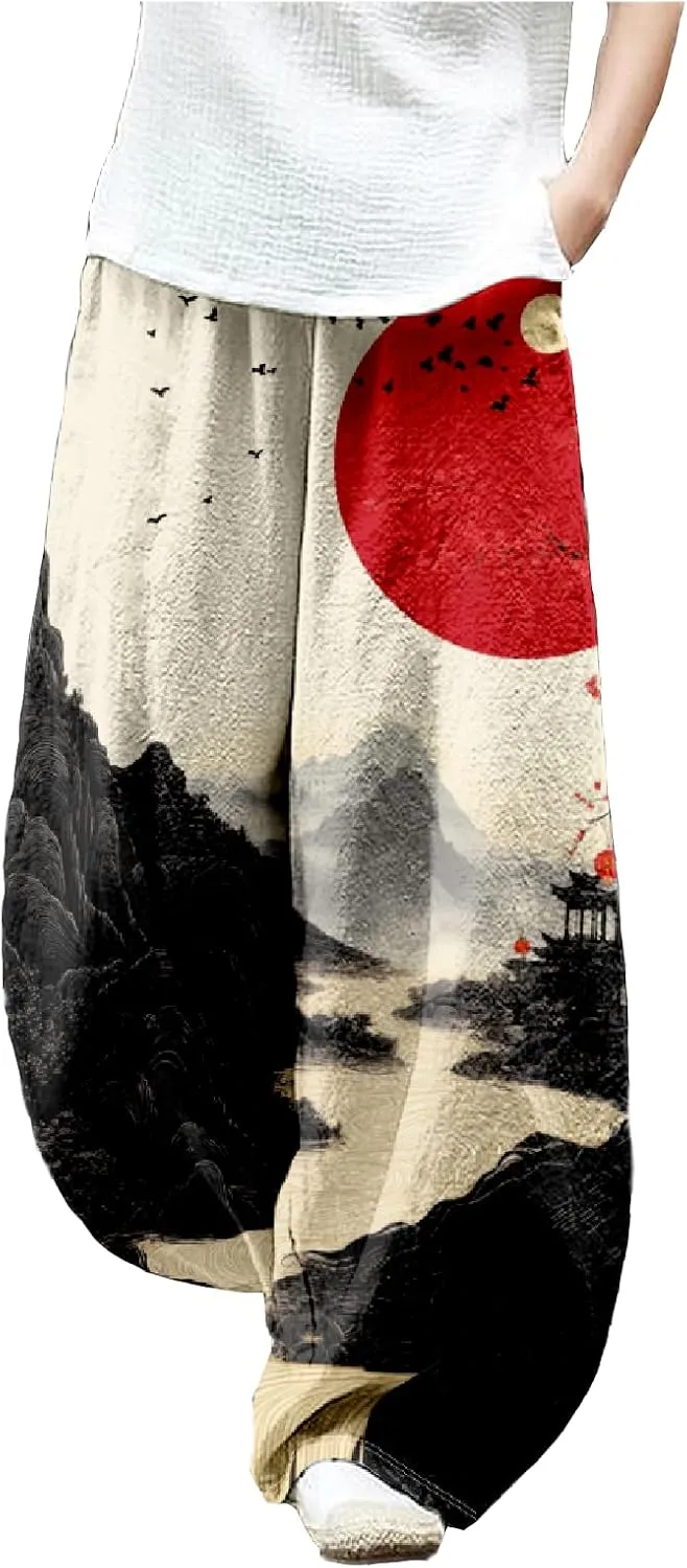MARSVOVO Baggy Sweatpants for Women Harem Wide Leg Pants Woman Landscape Oil Painting Print Casual Pants with Pockets