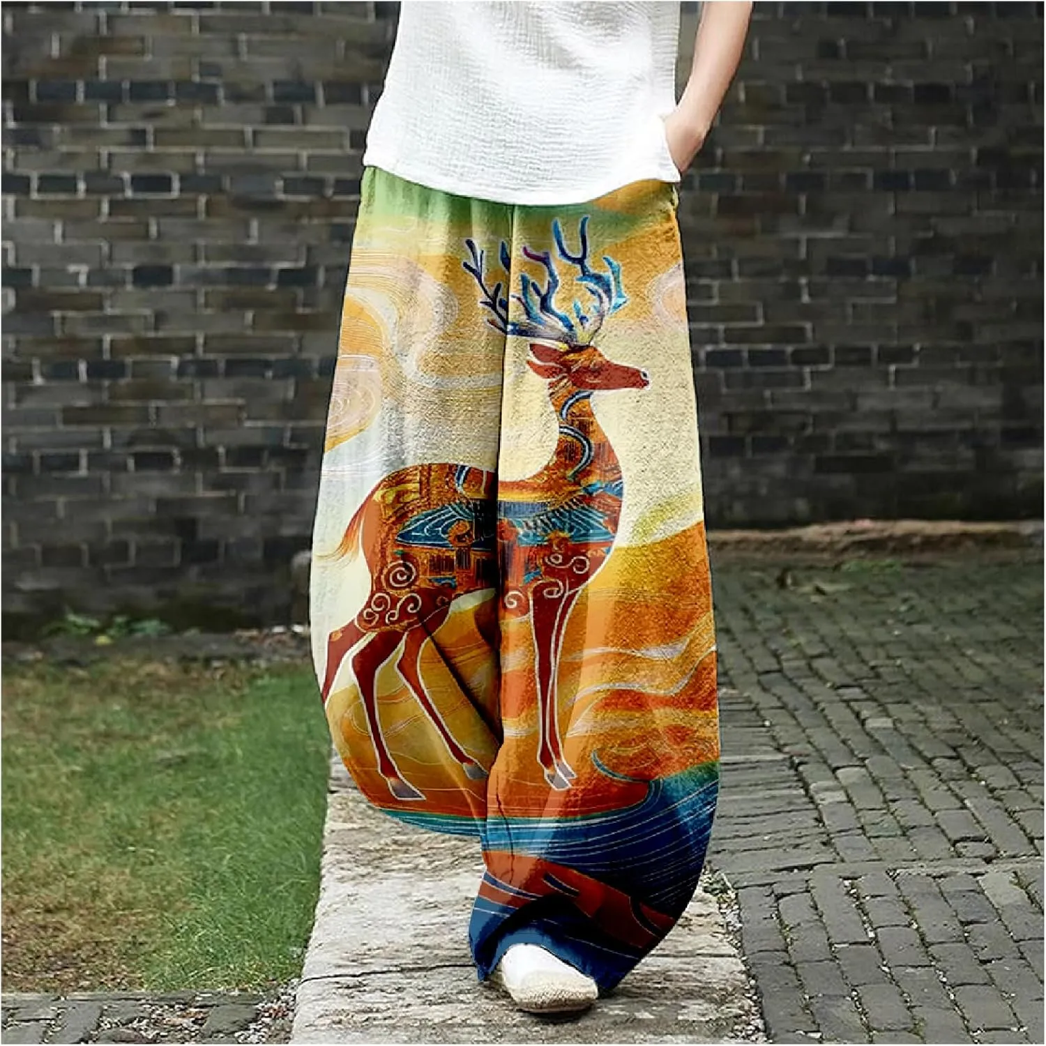 MARSVOVO Baggy Sweatpants for Women Harem Wide Leg Pants Woman Landscape Oil Painting Print Casual Pants with Pockets