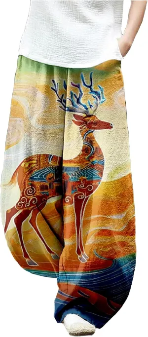 MARSVOVO Baggy Sweatpants for Women Harem Wide Leg Pants Woman Landscape Oil Painting Print Casual Pants with Pockets