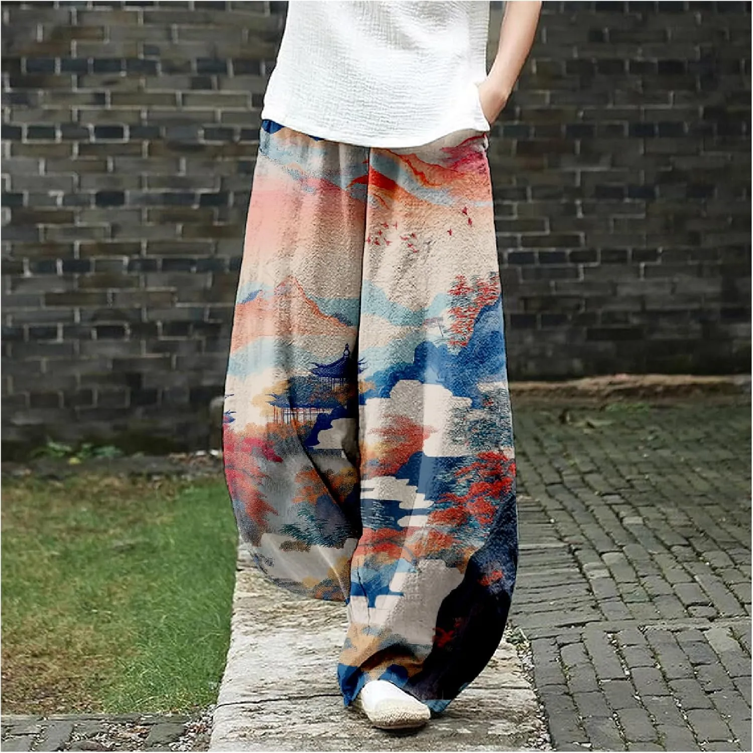 MARSVOVO Baggy Sweatpants for Women Harem Wide Leg Pants Woman Landscape Oil Painting Print Casual Pants with Pockets