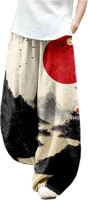 MARSVOVO Baggy Sweatpants for Women Harem Wide Leg Pants Woman Landscape Oil Painting Print Casual Pants with Pockets