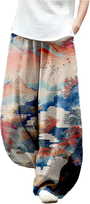 MARSVOVO Baggy Sweatpants for Women Harem Wide Leg Pants Woman Landscape Oil Painting Print Casual Pants with Pockets