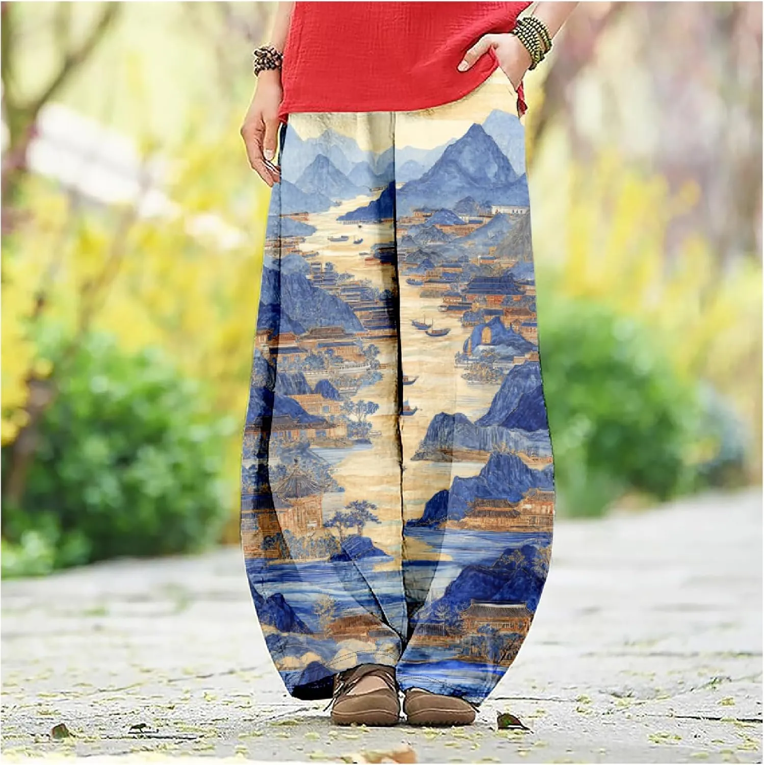 MARSVOVO Baggy Sweatpants for Women Harem Wide Leg Pants Woman Landscape Oil Painting Print Casual Pants with Pockets