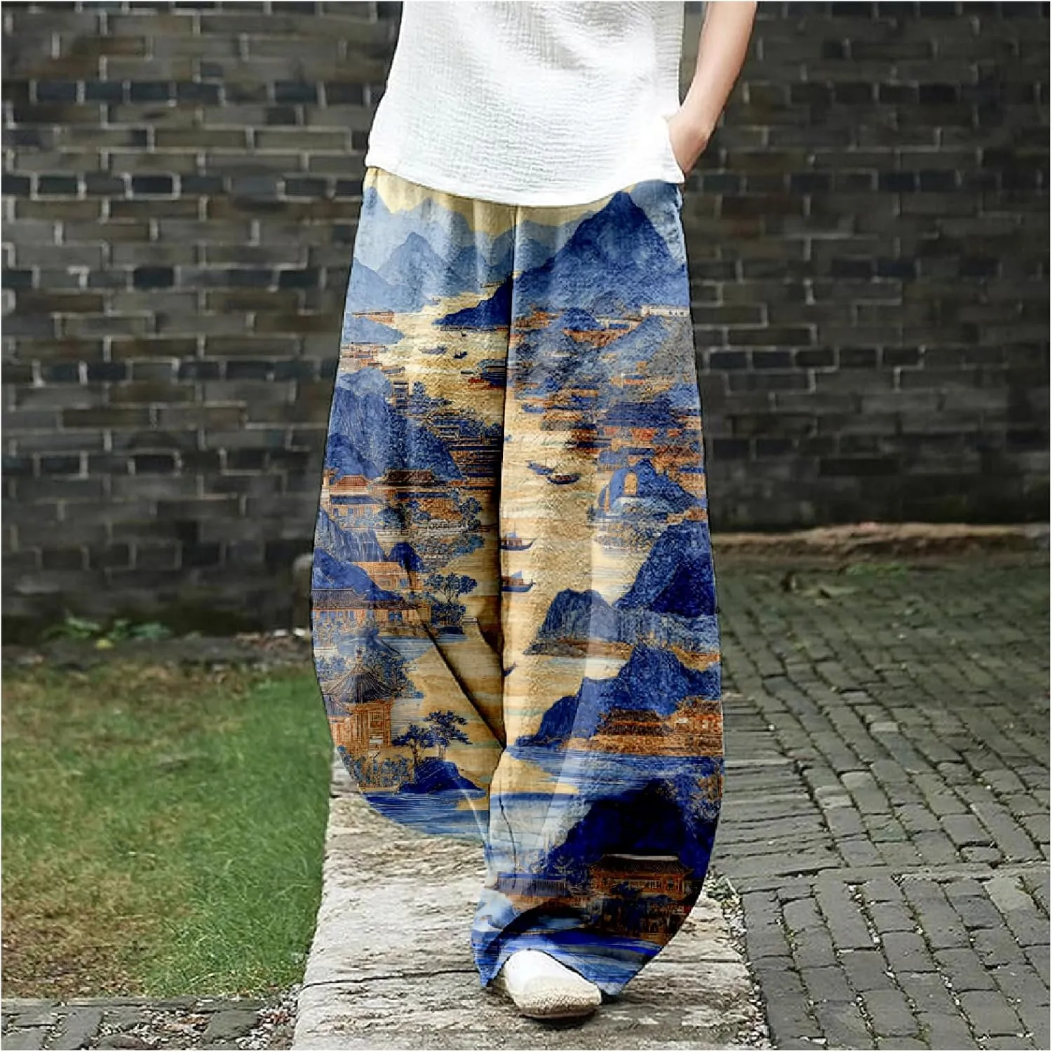 MARSVOVO Baggy Sweatpants for Women Harem Wide Leg Pants Woman Landscape Oil Painting Print Casual Pants with Pockets