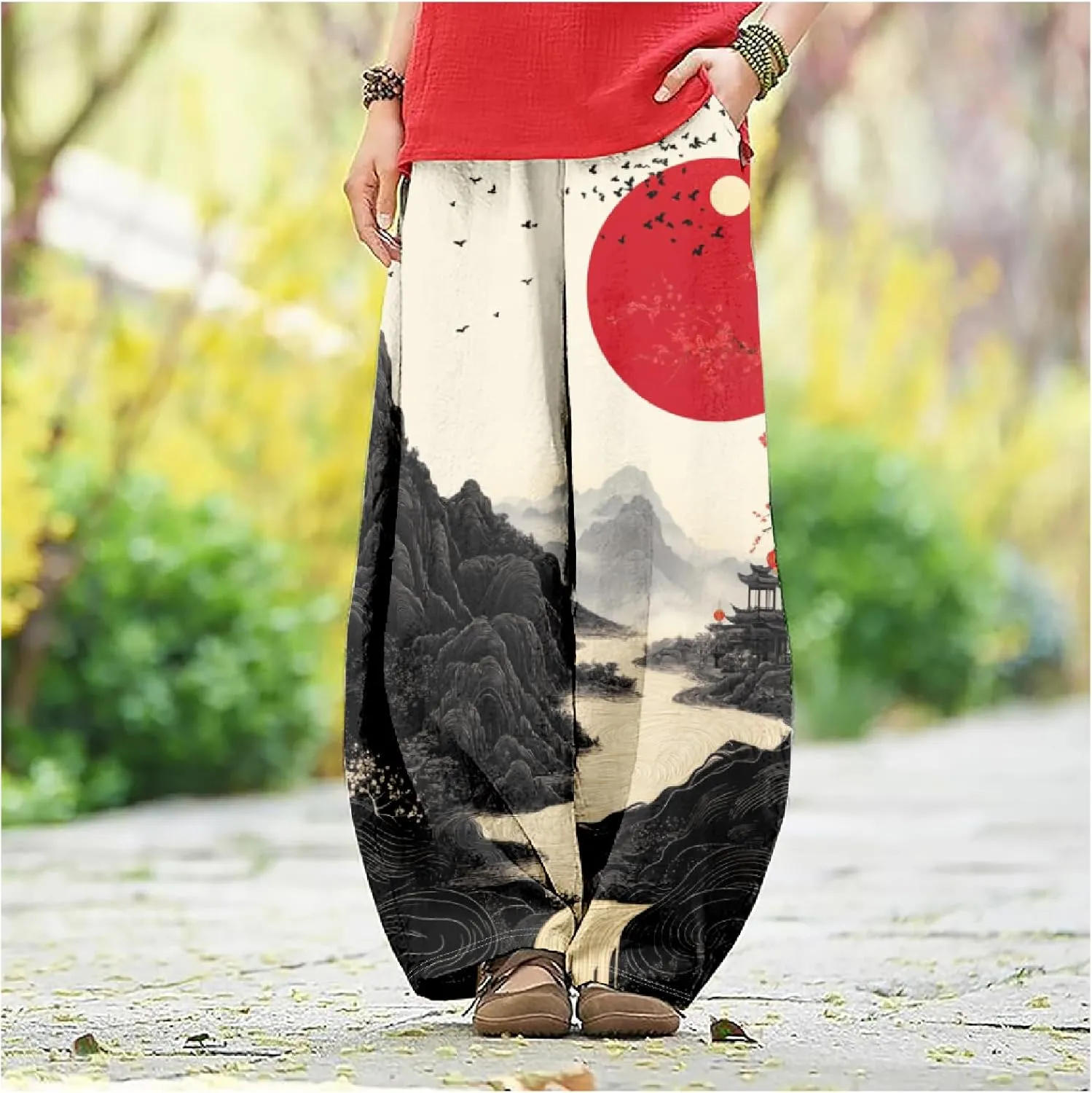 MARSVOVO Baggy Sweatpants for Women Harem Wide Leg Pants Woman Landscape Oil Painting Print Casual Pants with Pockets