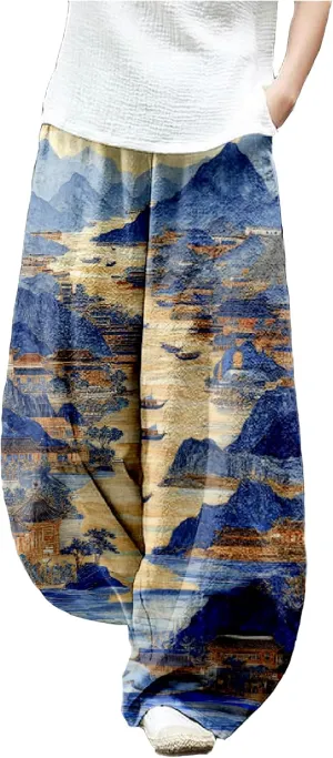 MARSVOVO Baggy Sweatpants for Women Harem Wide Leg Pants Woman Landscape Oil Painting Print Casual Pants with Pockets