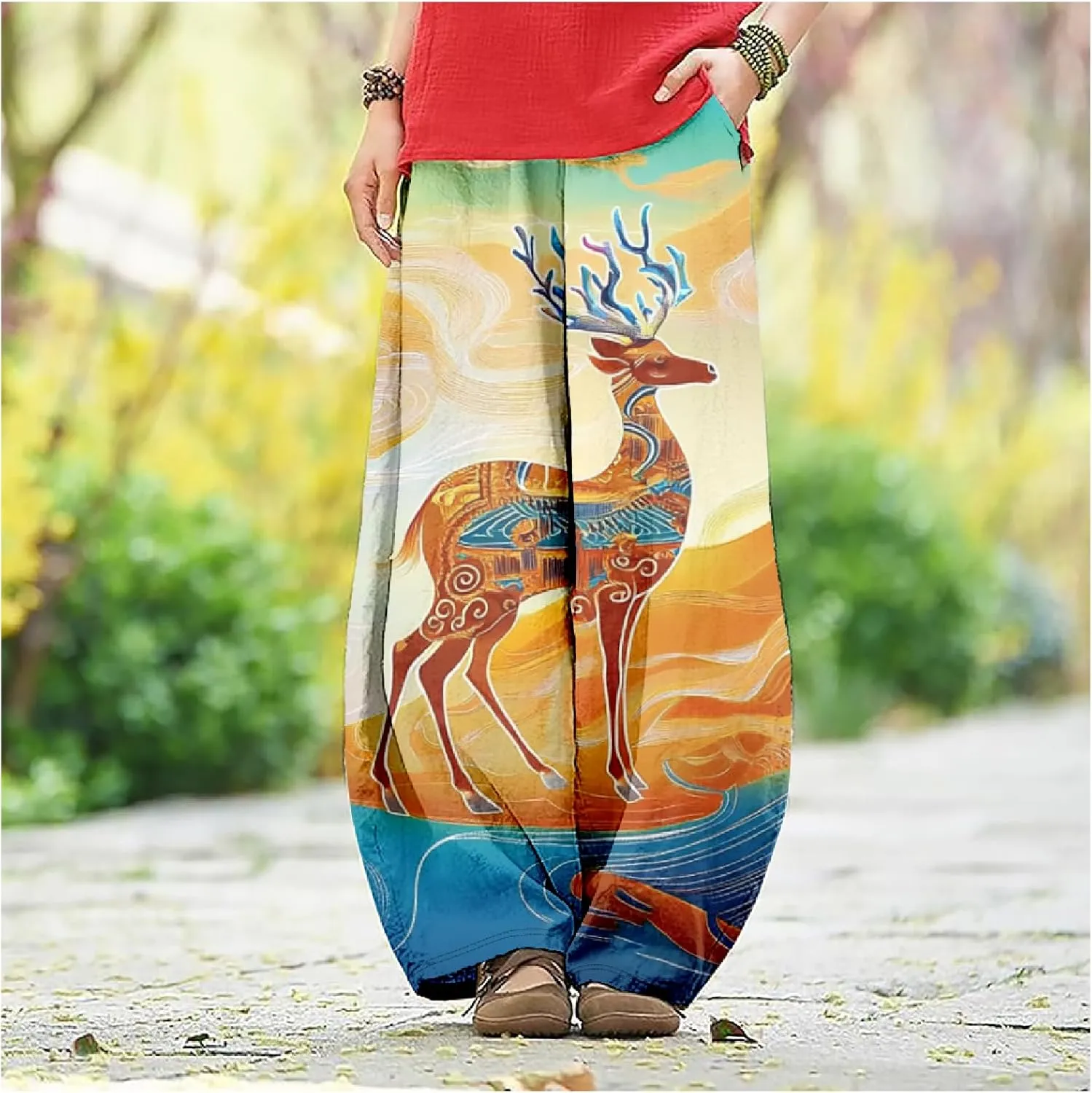 MARSVOVO Baggy Sweatpants for Women Harem Wide Leg Pants Woman Landscape Oil Painting Print Casual Pants with Pockets
