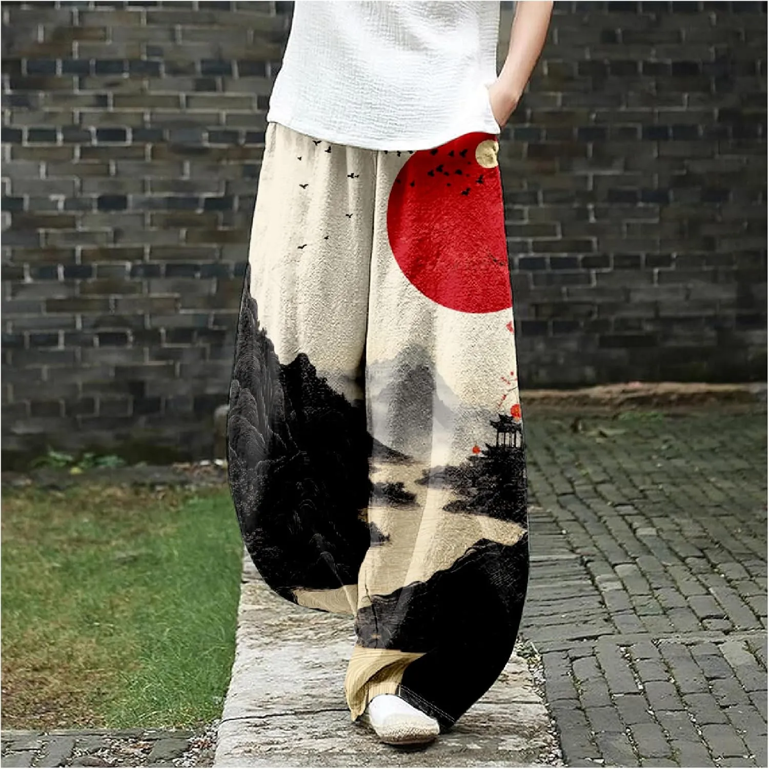 MARSVOVO Baggy Sweatpants for Women Harem Wide Leg Pants Woman Landscape Oil Painting Print Casual Pants with Pockets