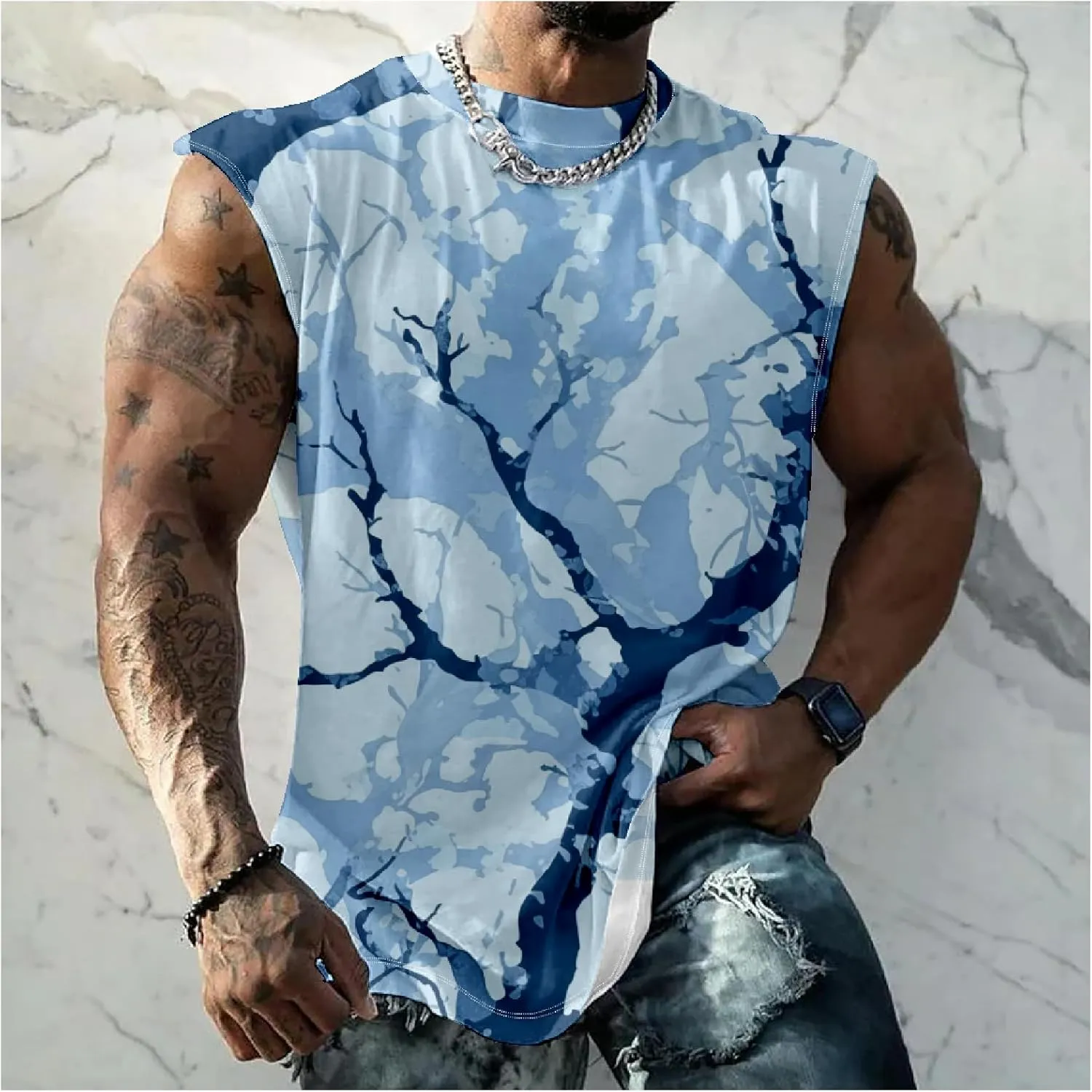 MARSVOVO Hawaiian Shirt for Men Funny Graphic Vintage Summer Sleeveless Crewneck Soft Quick Dry Beach Tank Tops for Men