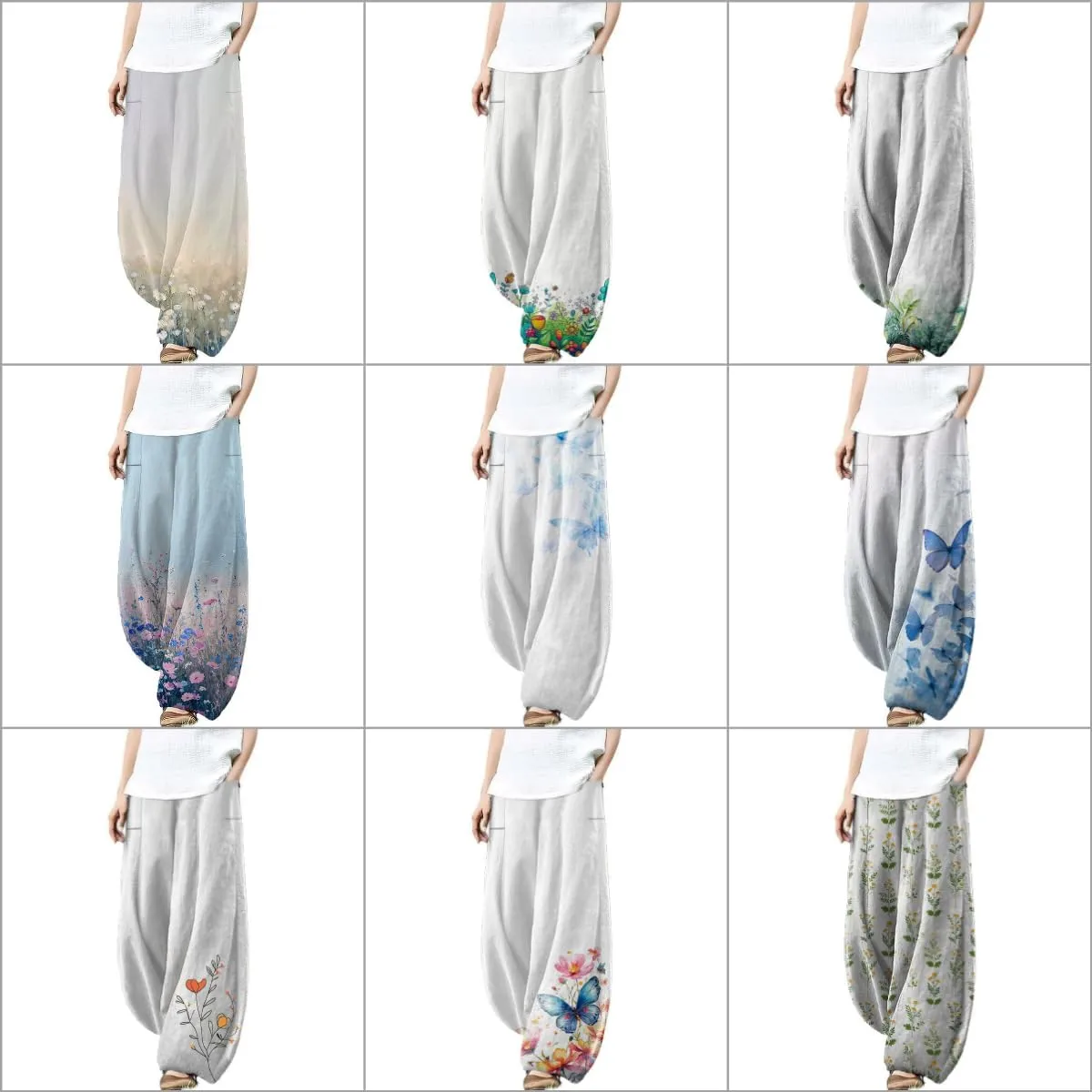 MARSVOVO Wide Leg Pants Woman Summer Palazzo Capri Culottes for Women Linen Floral Print Vintage Baggy Beach Trousers
