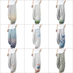 MARSVOVO Wide Leg Pants Woman Summer Palazzo Capri Culottes for Women Linen Floral Print Vintage Baggy Beach Trousers