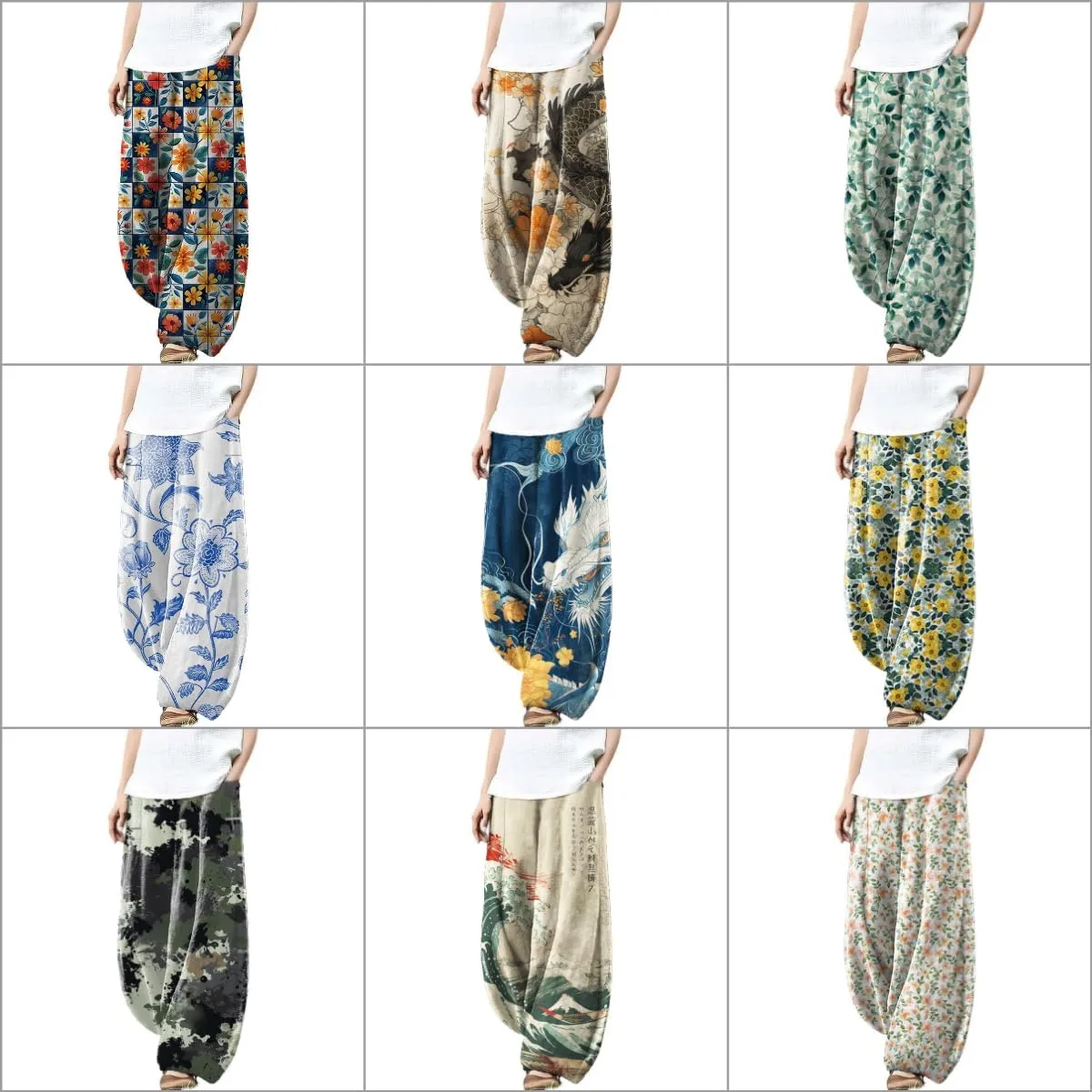 MARSVOVO Wide Leg Pants Woman Summer Palazzo Capri Culottes for Women Linen Floral Print Vintage Baggy Beach Trousers