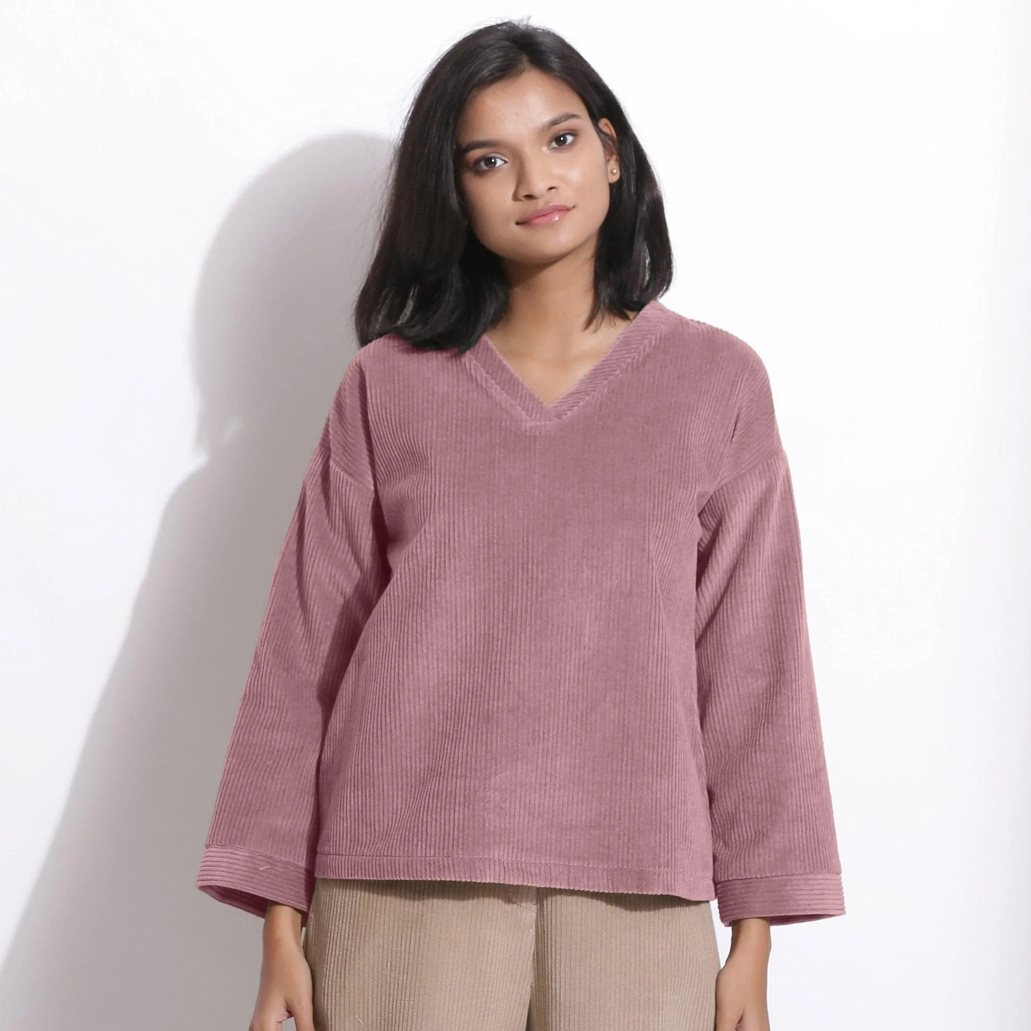 Mauve Striped Cotton Corduroy Warm V-Neck Top