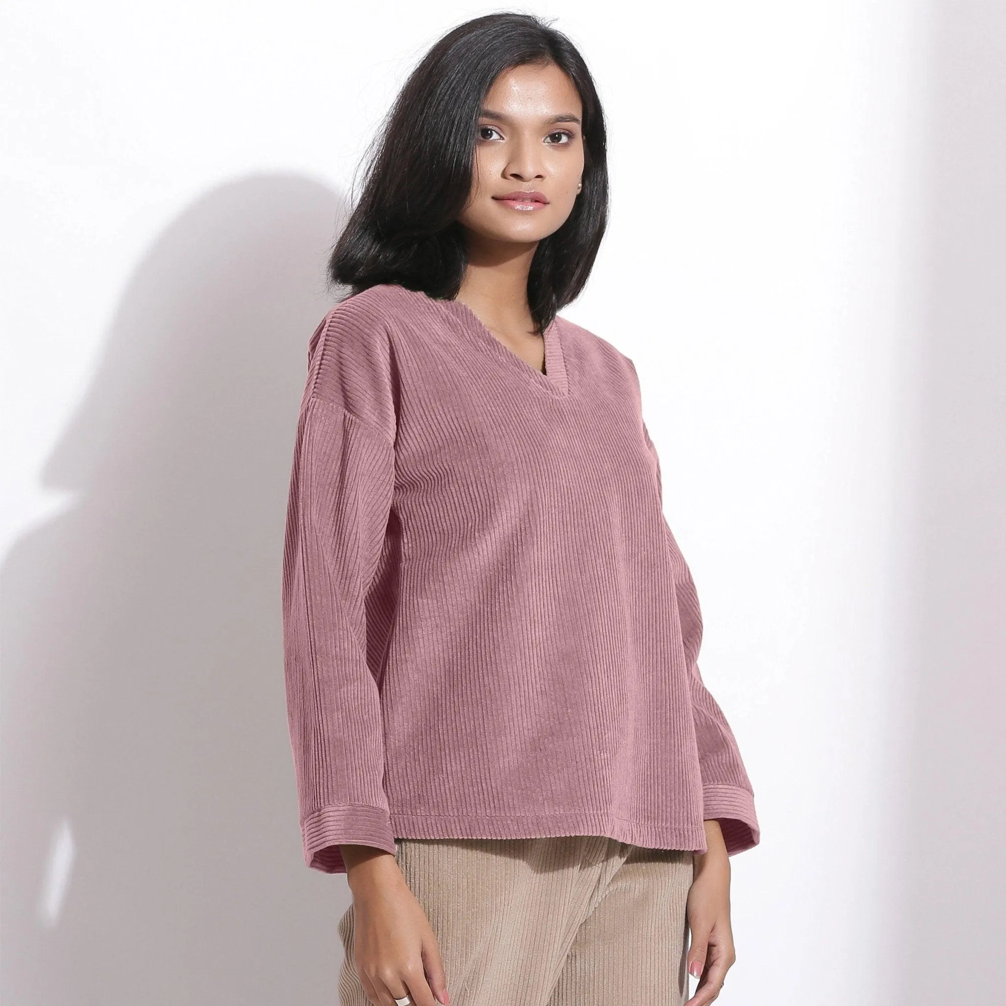 Mauve Striped Cotton Corduroy Warm V-Neck Top