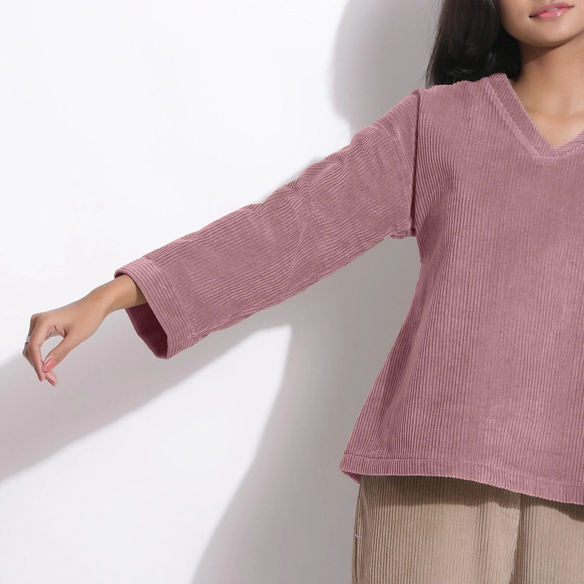 Mauve Striped Cotton Corduroy Warm V-Neck Top