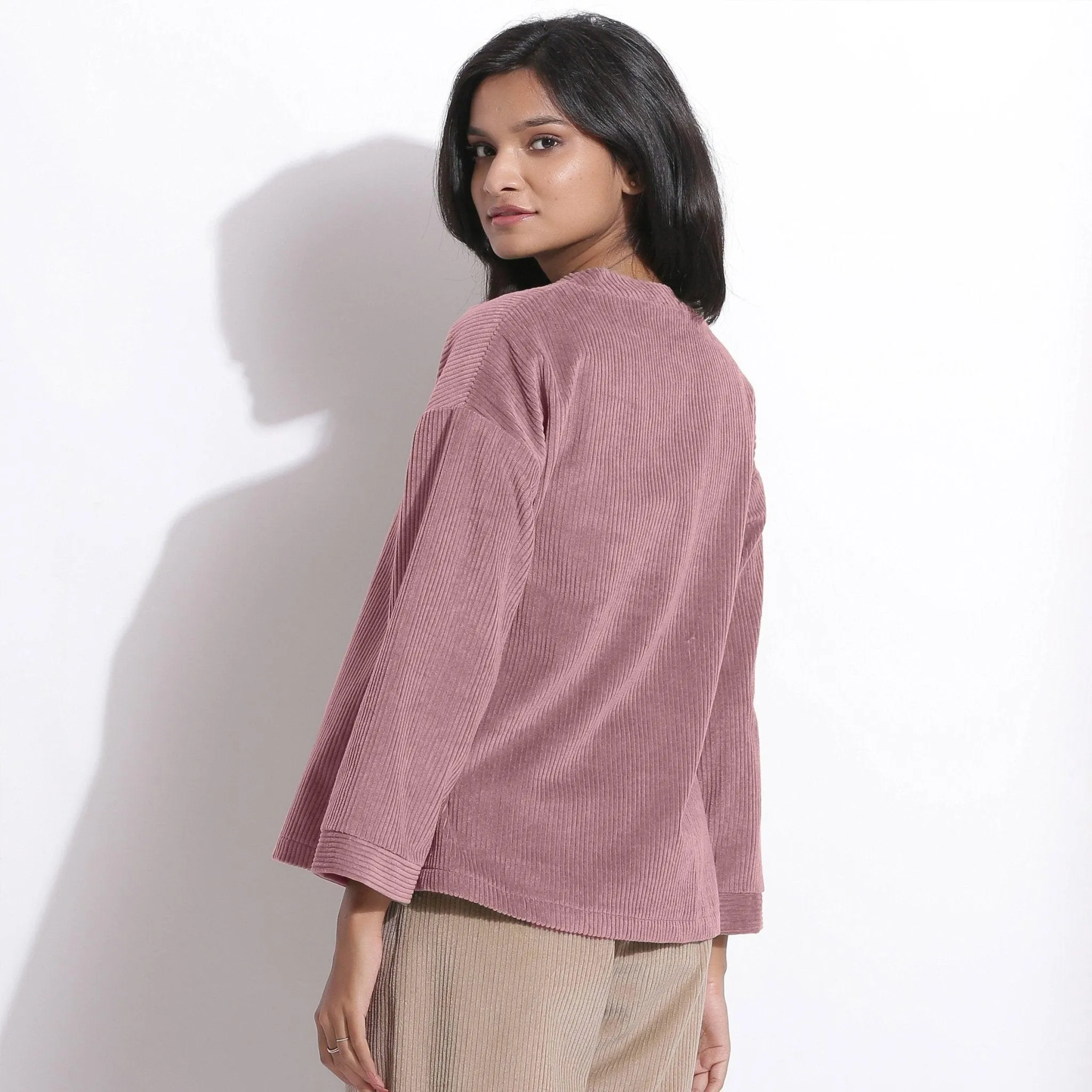 Mauve Striped Cotton Corduroy Warm V-Neck Top