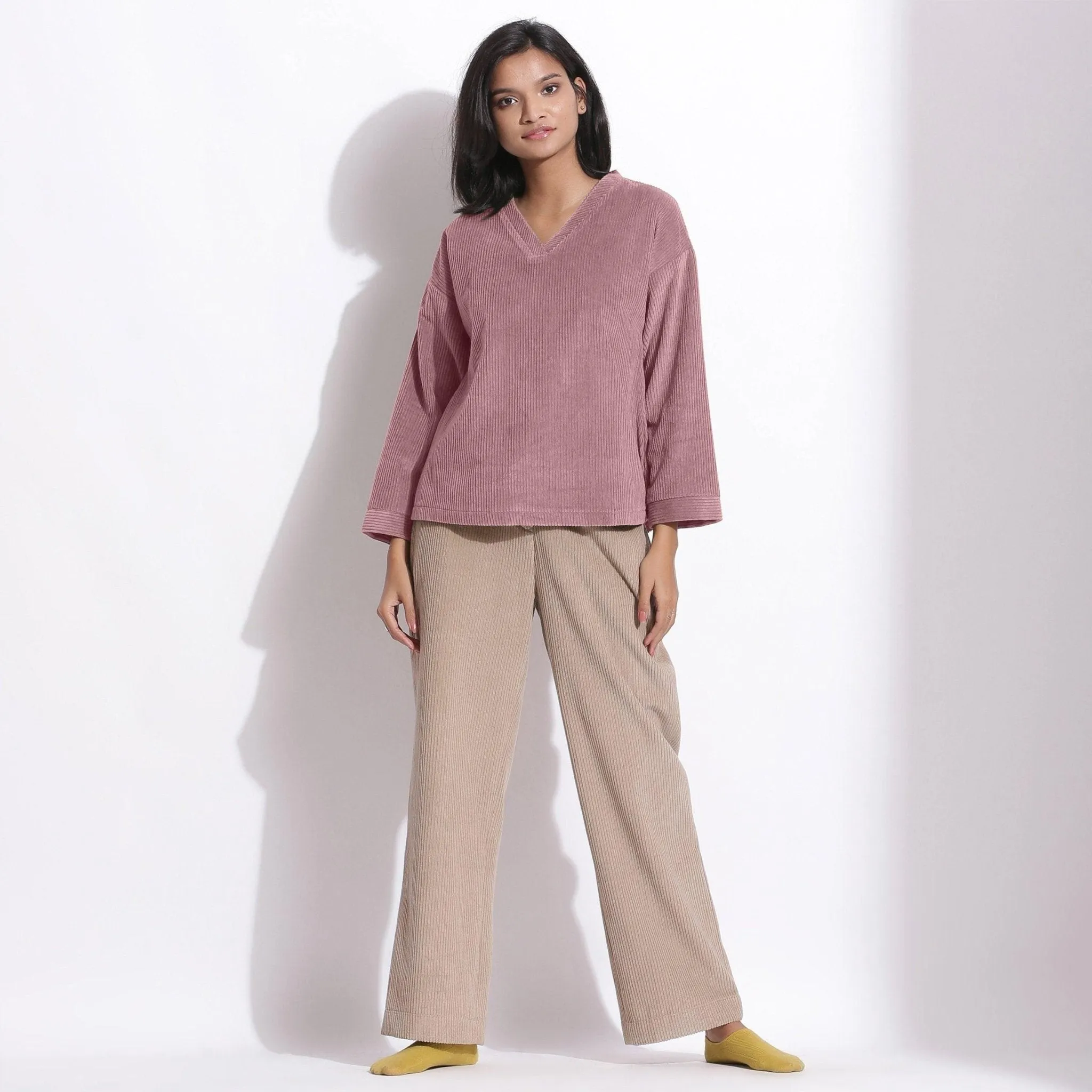 Mauve Striped Cotton Corduroy Warm V-Neck Top