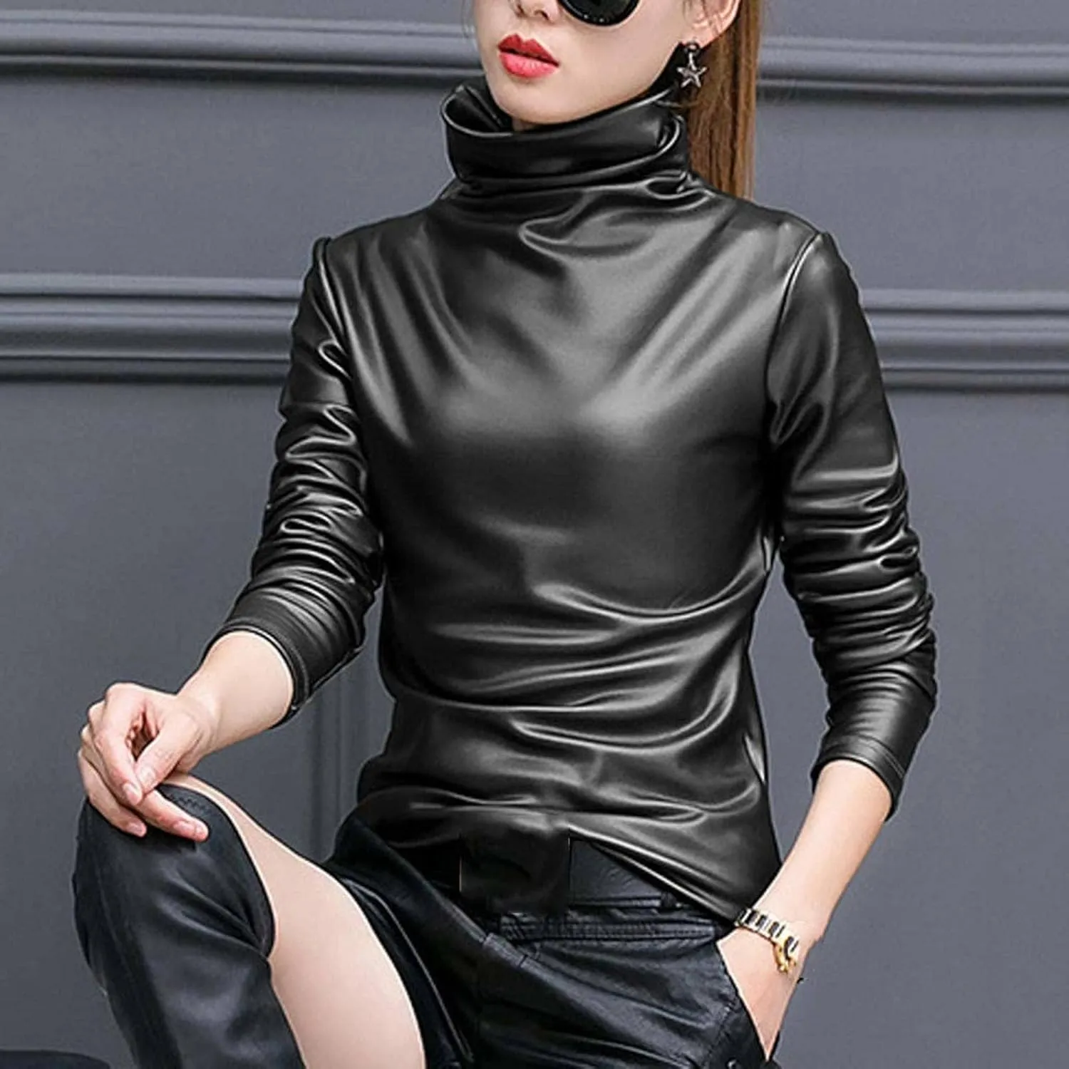 MBETA Women's Thick Leather Jacket Turtleneck Leggings Women's Versatile Long Sleeved Tops Leather Shirt Casual Shirt Top