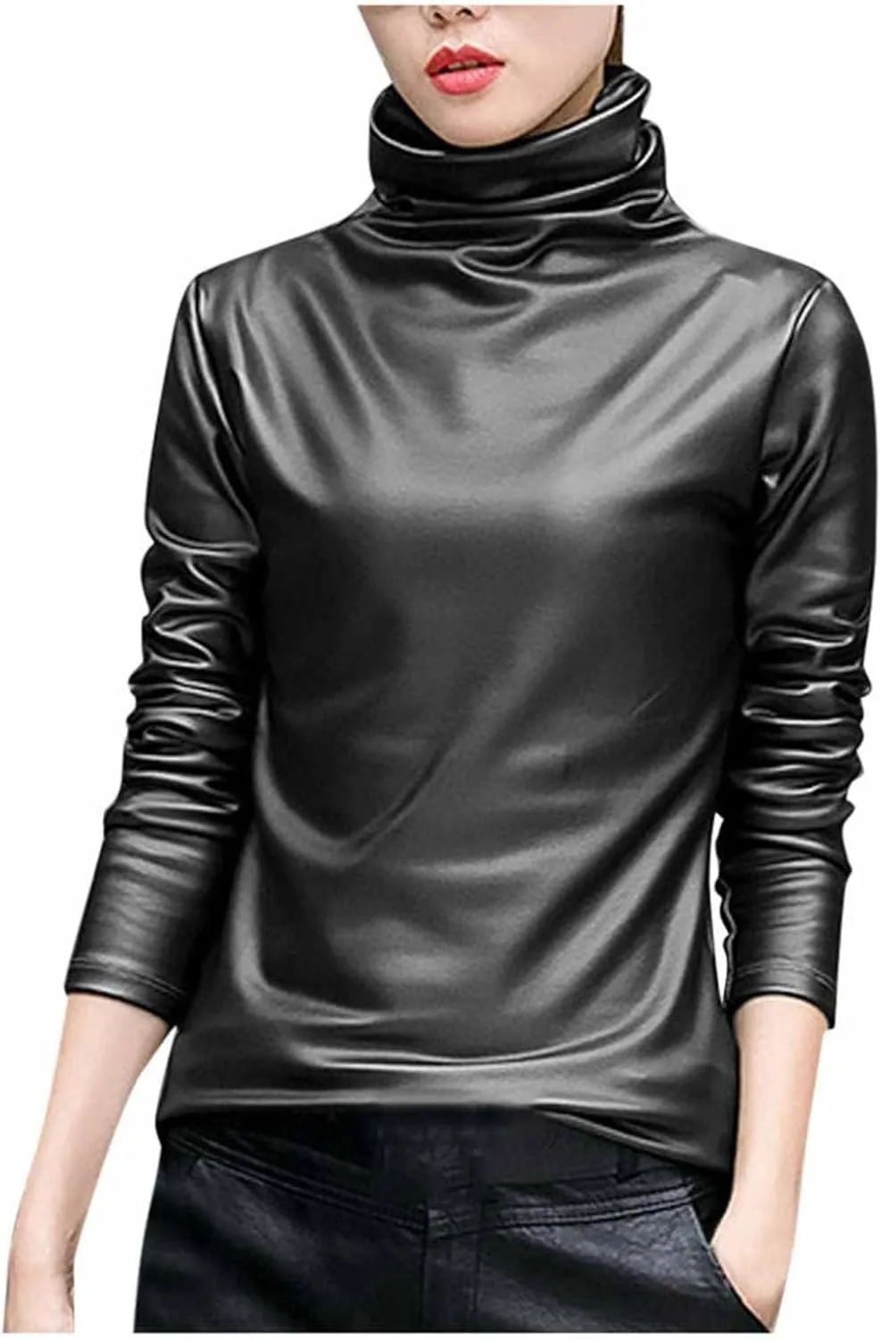 MBETA Women's Thick Leather Jacket Turtleneck Leggings Women's Versatile Long Sleeved Tops Leather Shirt Casual Shirt Top