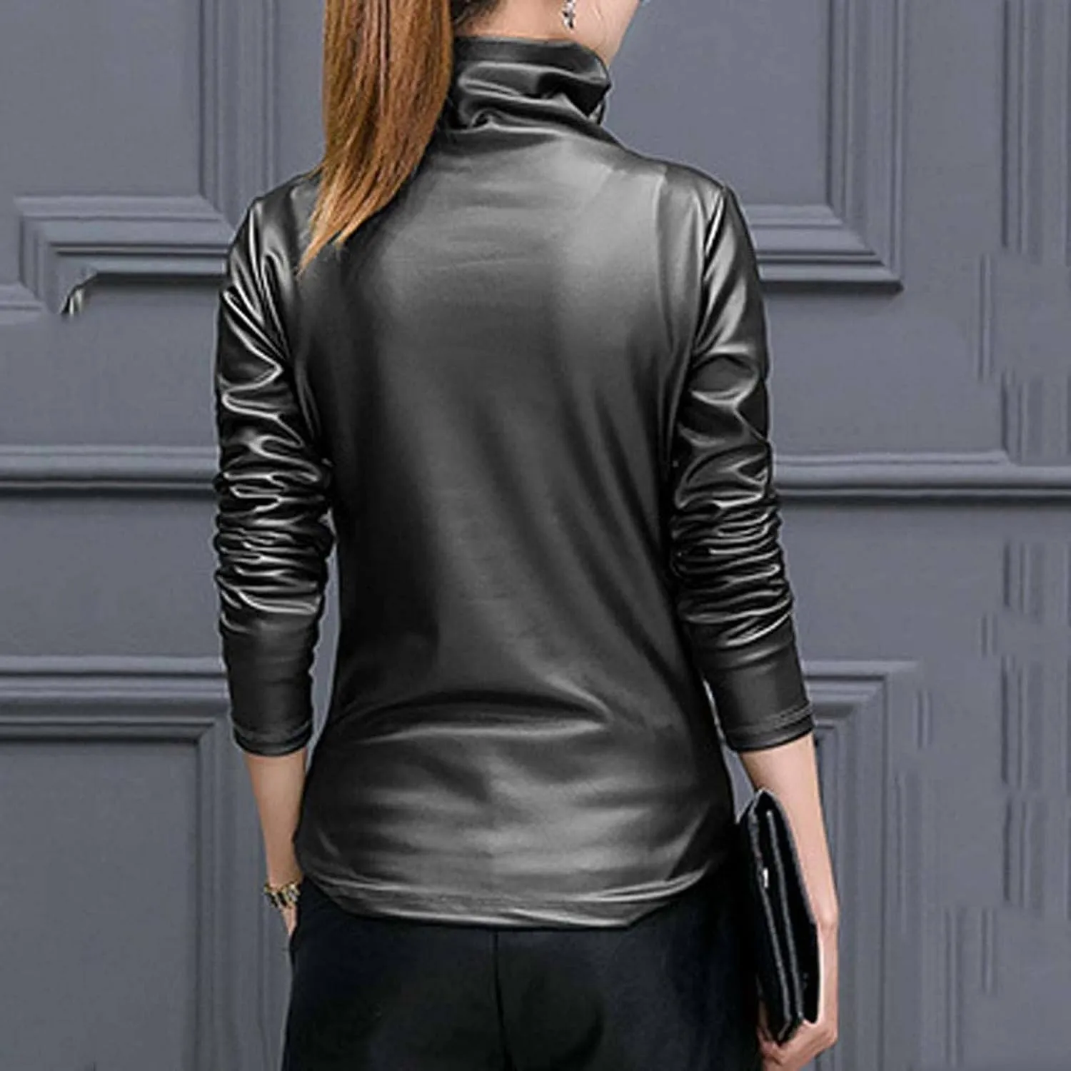 MBETA Women's Thick Leather Jacket Turtleneck Leggings Women's Versatile Long Sleeved Tops Leather Shirt Casual Shirt Top