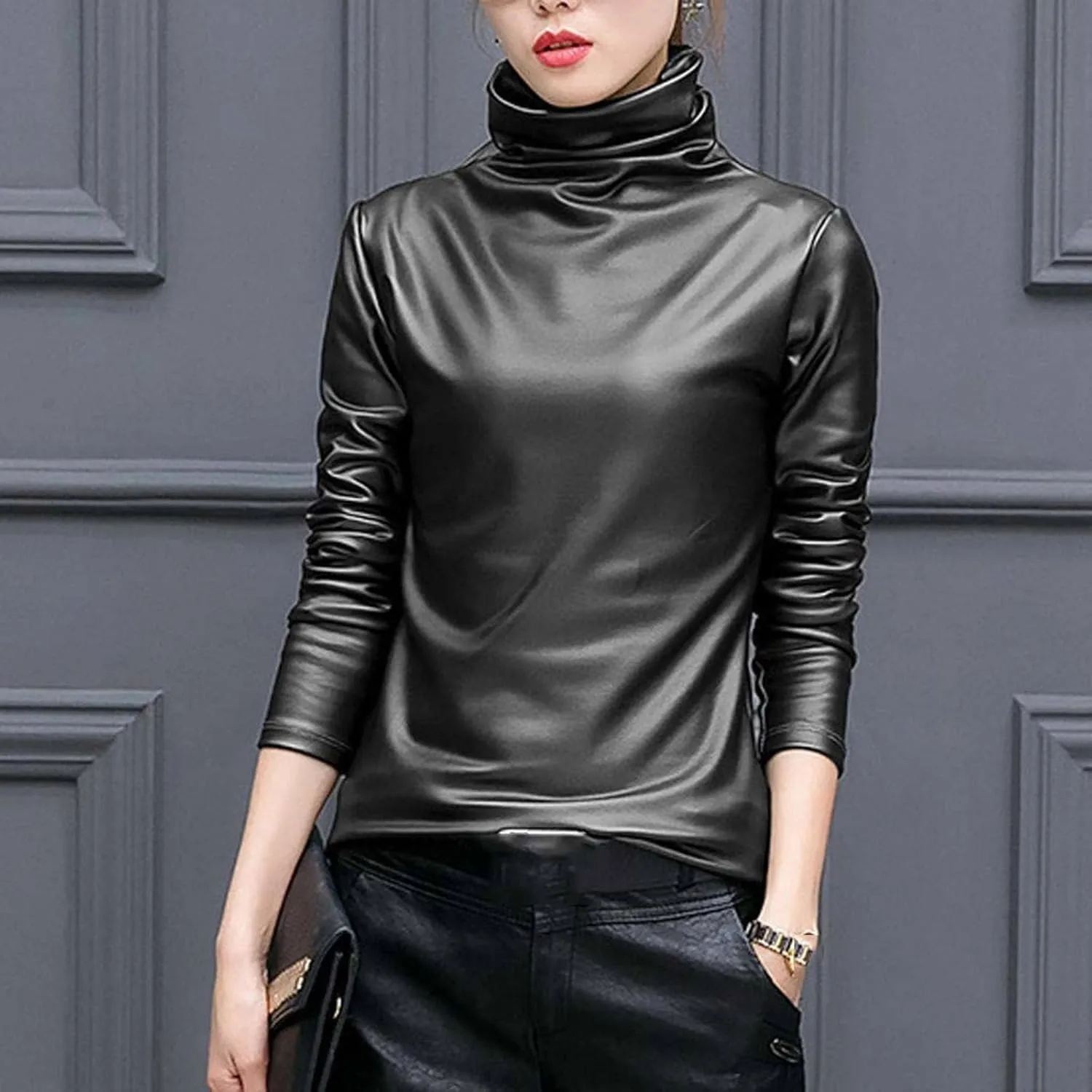 MBETA Women's Thick Leather Jacket Turtleneck Leggings Women's Versatile Long Sleeved Tops Leather Shirt Casual Shirt Top