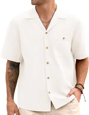 Men Imitation Linen Shirts for Mens Short Button Down Shirt Sleeve Shirt Business Casual with Pocket