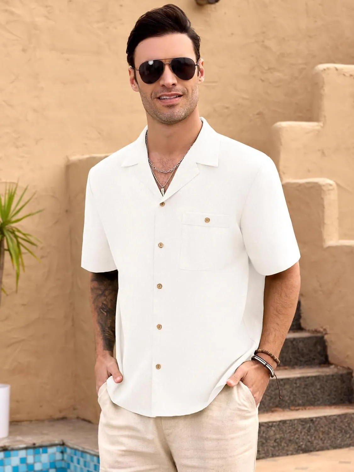 Men Imitation Linen Shirts for Mens Short Button Down Shirt Sleeve Shirt Business Casual with Pocket