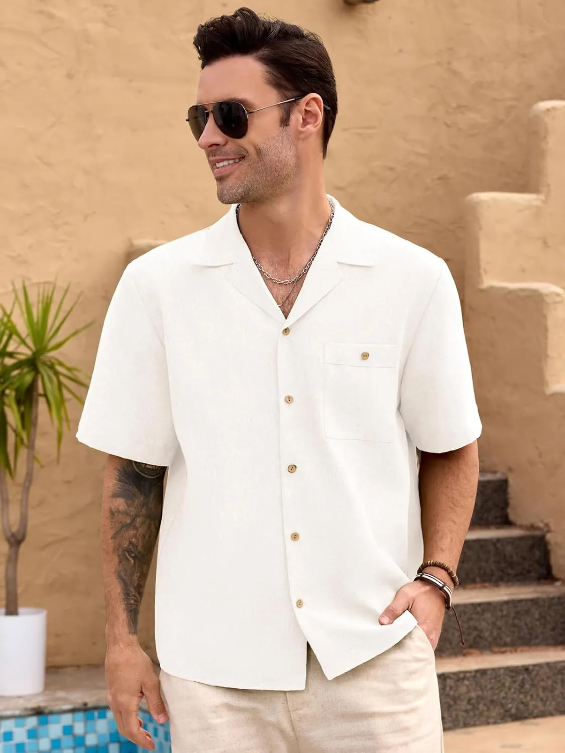 Men Imitation Linen Shirts for Mens Short Button Down Shirt Sleeve Shirt Business Casual with Pocket