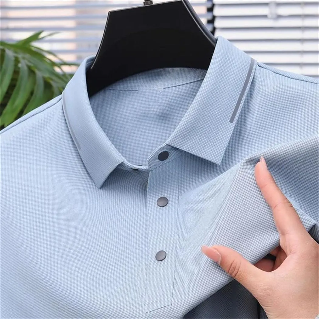Mens Business Polos Shirt Solid Color Quick Dry All Match Ice Silk Seamless Short Sleeve T Shirt Top