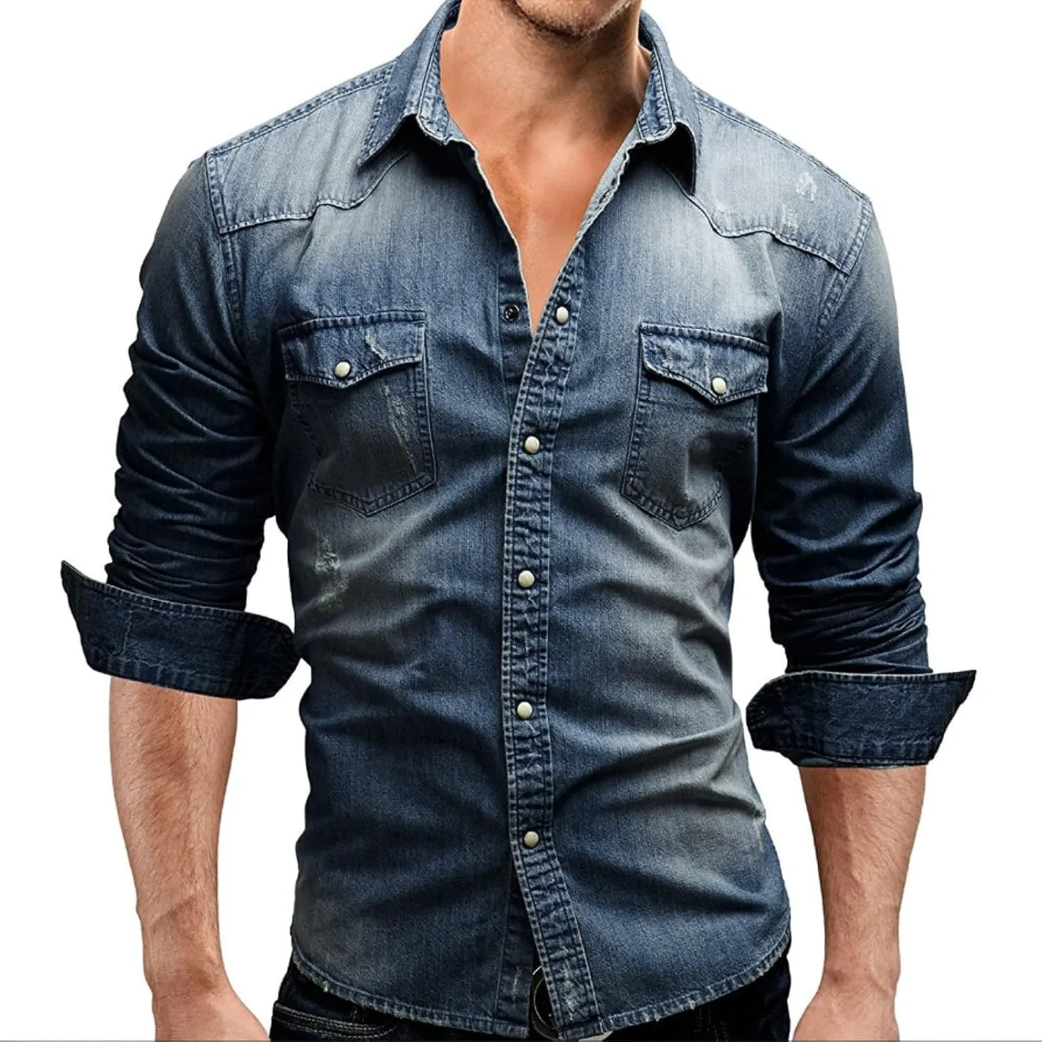 Mens Button Down Denim Shirt Fashion Slim Fit Jean Shirts Lapel Washed Shirt Long Sleeve Button Down Jackets
