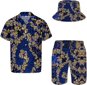 Men's Button Shirt Beach Shorts Set, Hawaiian Short Sleeve Shirt Quick Dry Beach Shorts 2 Pcs with Bucket Hat