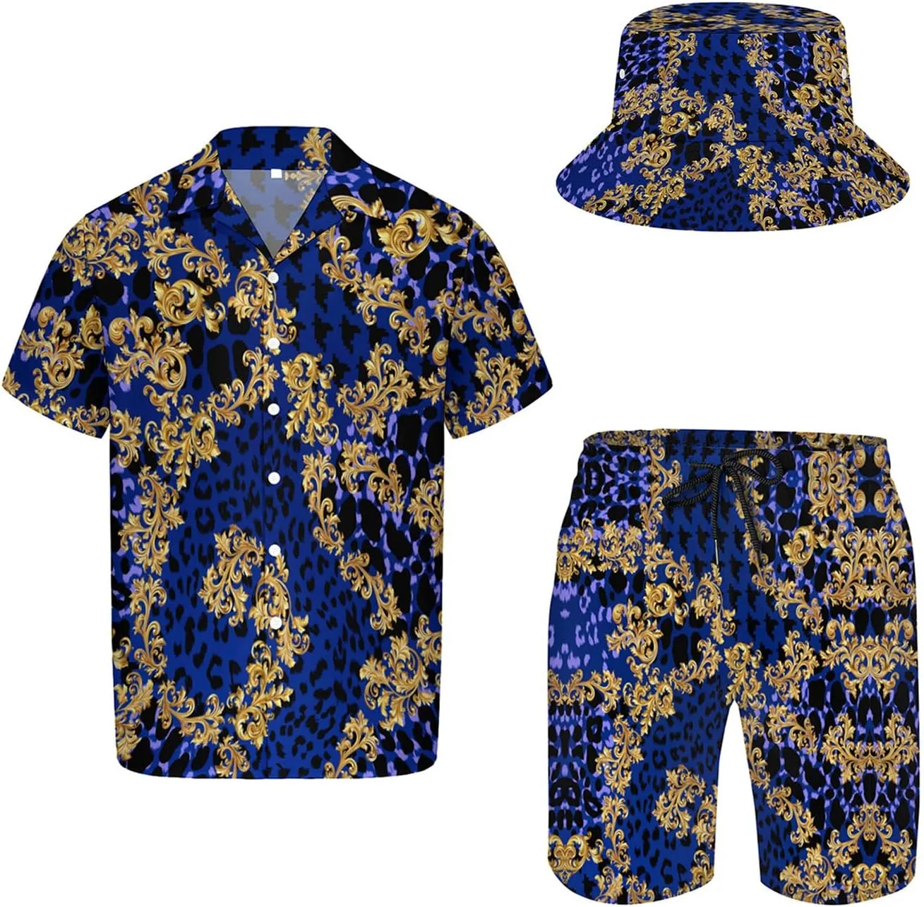 Men's Button Shirt Beach Shorts Set, Hawaiian Short Sleeve Shirt Quick Dry Beach Shorts 2 Pcs with Bucket Hat
