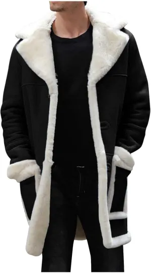 Mens Casual Sherpa Fleece Lined Jackets Winter Warm Fur Collar Long Trench Coats Big and Tall Outwears with Pockets