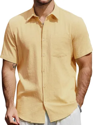 Mens Cotton Linen Shirts Casual Button Down Short Sleeve Shirt Vacation Beach Summer Hawaiian Shirt with Pocket