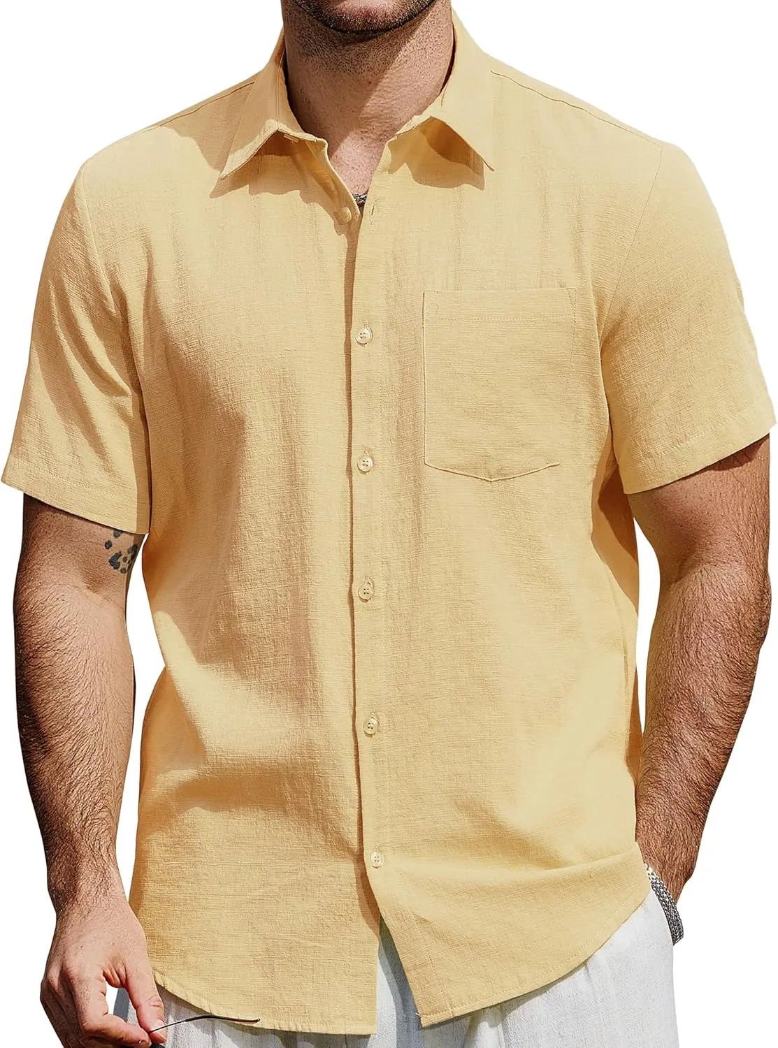 Mens Cotton Linen Shirts Casual Button Down Short Sleeve Shirt Vacation Beach Summer Hawaiian Shirt with Pocket