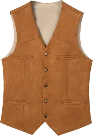 Men's Cowboy Suede Faux Leather Suit Vest Casual Western Cowhide Vest Vintage Slim Fit Waistcoat