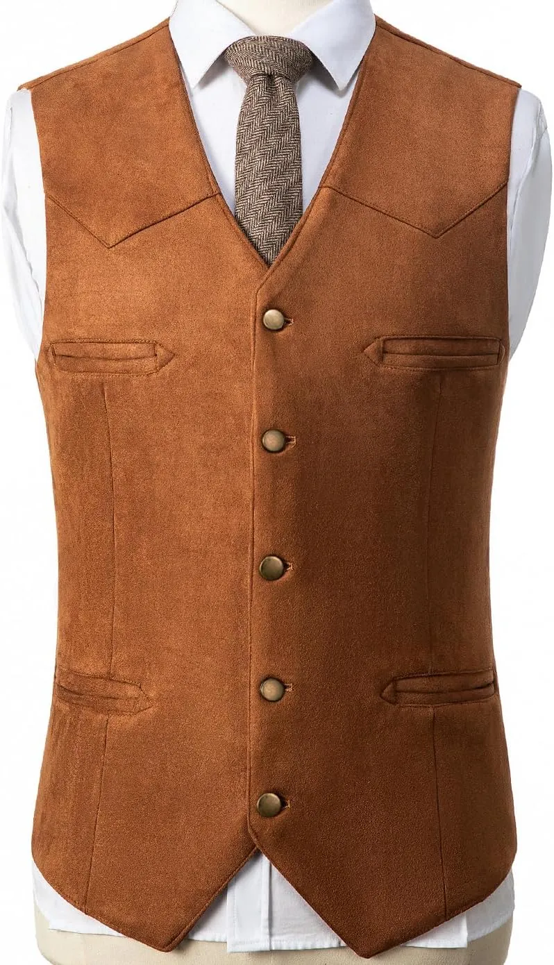 Men's Cowboy Suede Faux Leather Suit Vest Casual Western Cowhide Vest Vintage Slim Fit Waistcoat